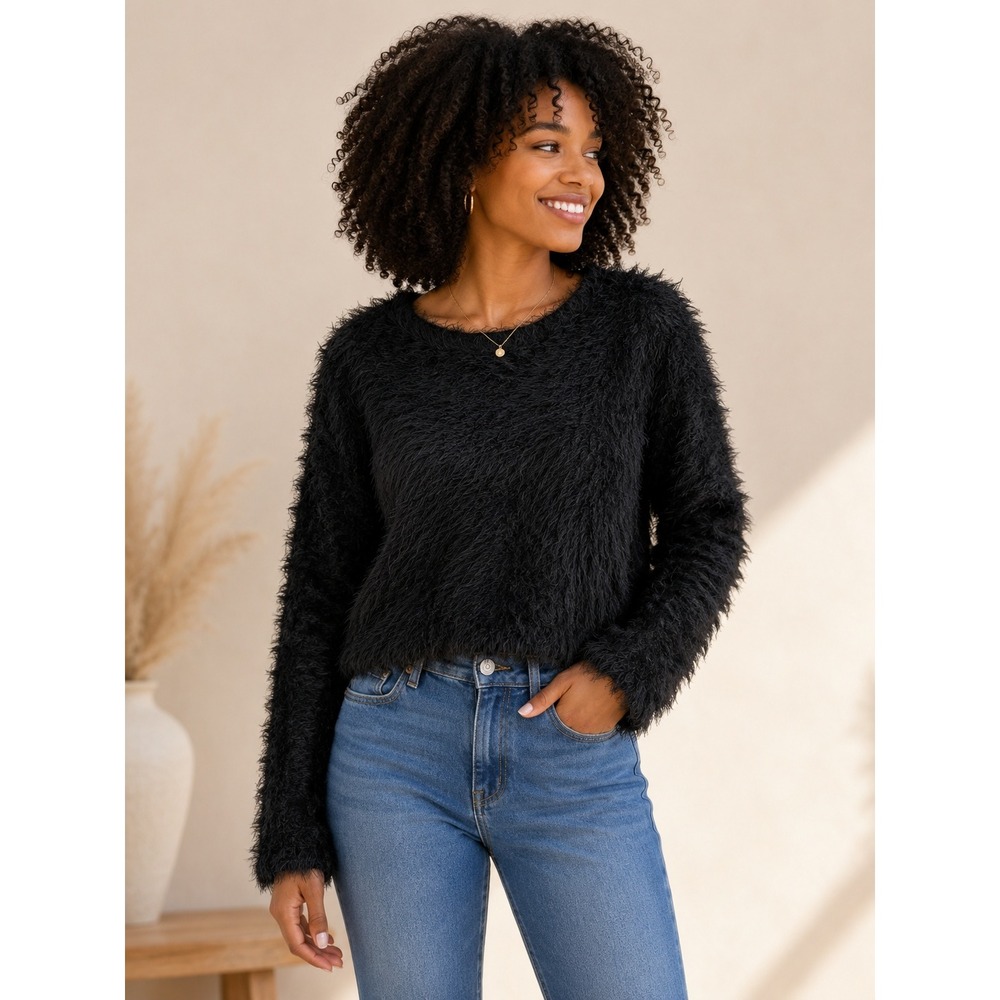 Zara Trafaluc Black Eyelash Knit Fuzzy Shaggy Cropped Sweater Small
